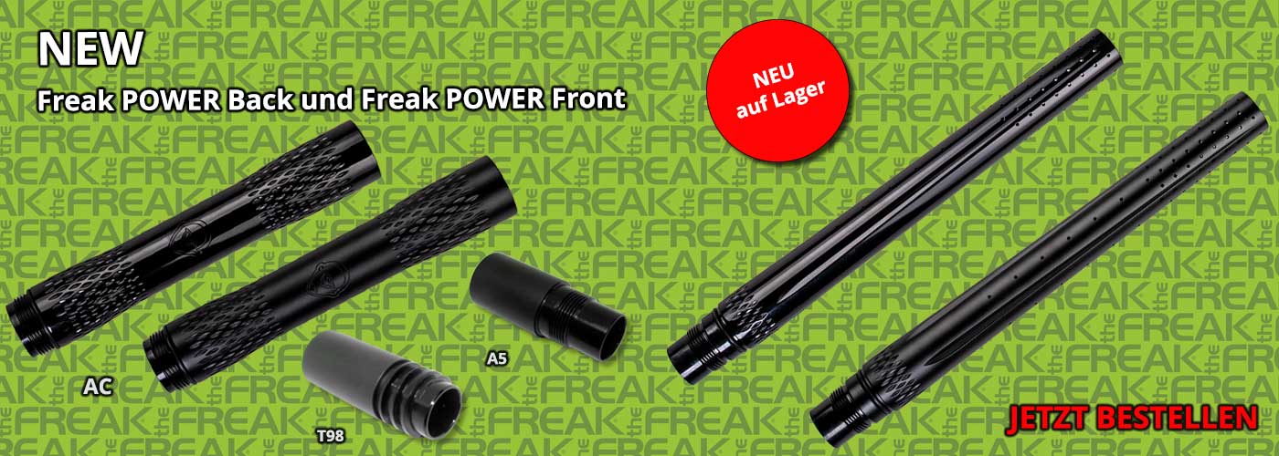 2026_Freak_POWER_Back_and_Front_DE_auf_Lager Paintball-Markierer, Laufset, schwarz, geriffelte Oberfläche, Freak POWER, Paintball-Lauf, Lauf vorne, Lauf hinten, schwarz, perforiert