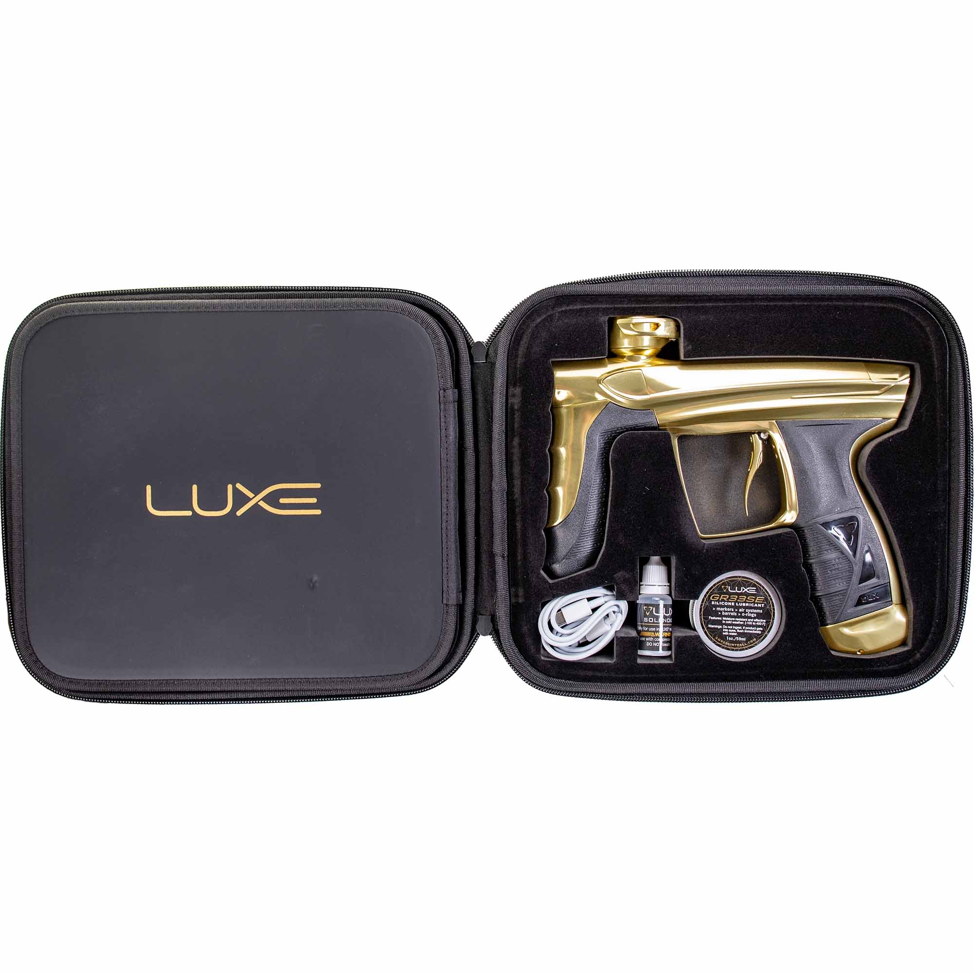 DLX Luxe® AIRE Markierer, gold poliert Paintballgewehr, goldene Farbe, Pistolengriff, Hülle, Zubehör