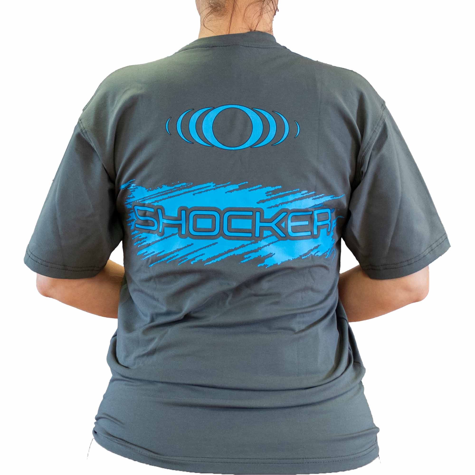 DLX T-Shirt "SHOCKER" grau T-Shirt, Kurzarm, Grafikdesign, Blaues Motiv, Unisex
