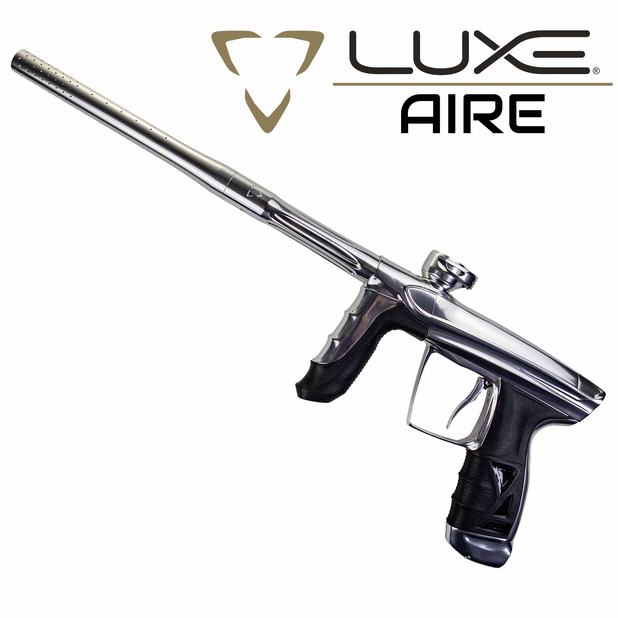 DLX Luxe® AIRE Markierer, weiß poliert Paintball-Markierer, silberfarben, Metallgehäuse, schwarzer Griff, langer Lauf