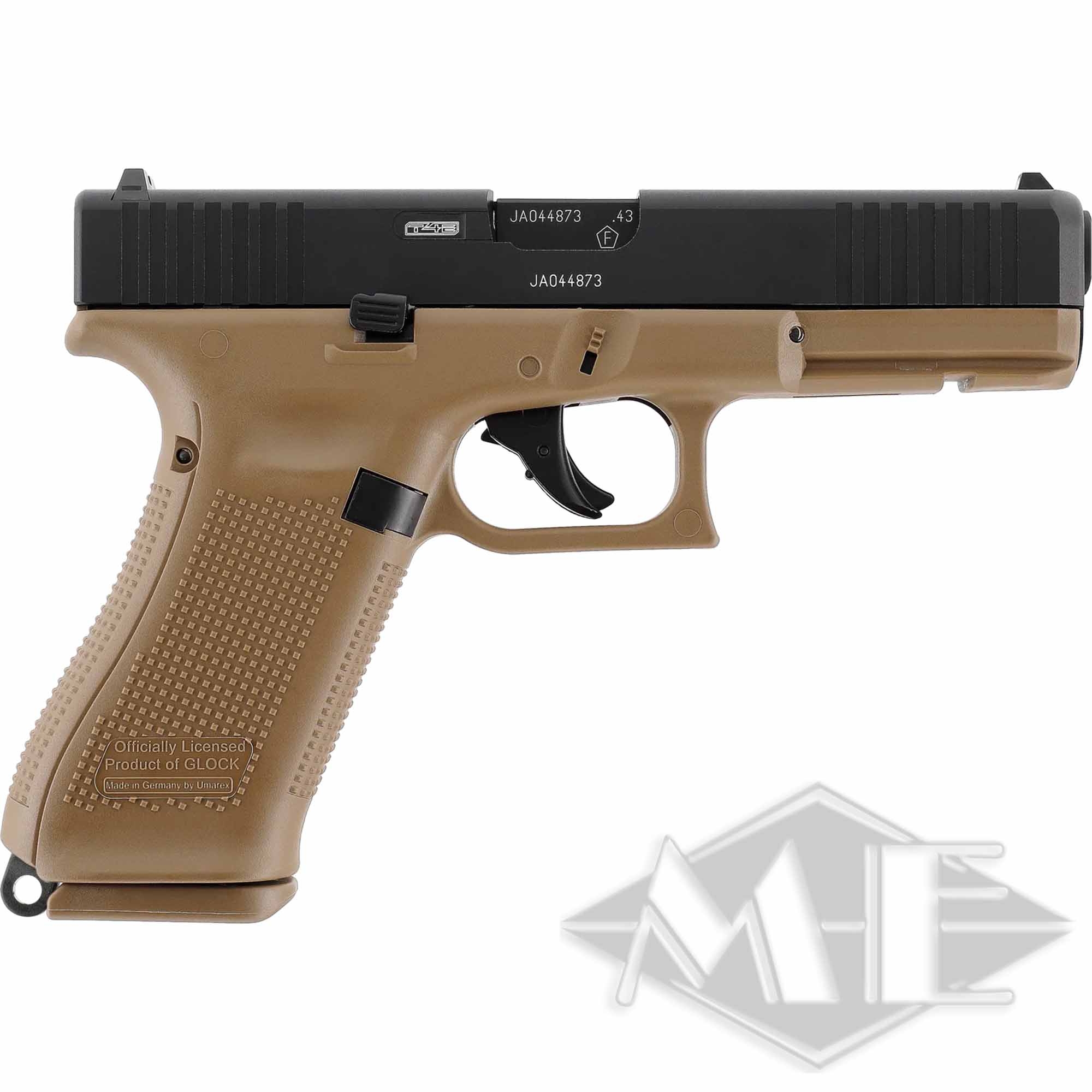 Pistole, Glock-Replik, schwarzer Schlitten, sandfarbenes Gehäuse, strukturierter Griff