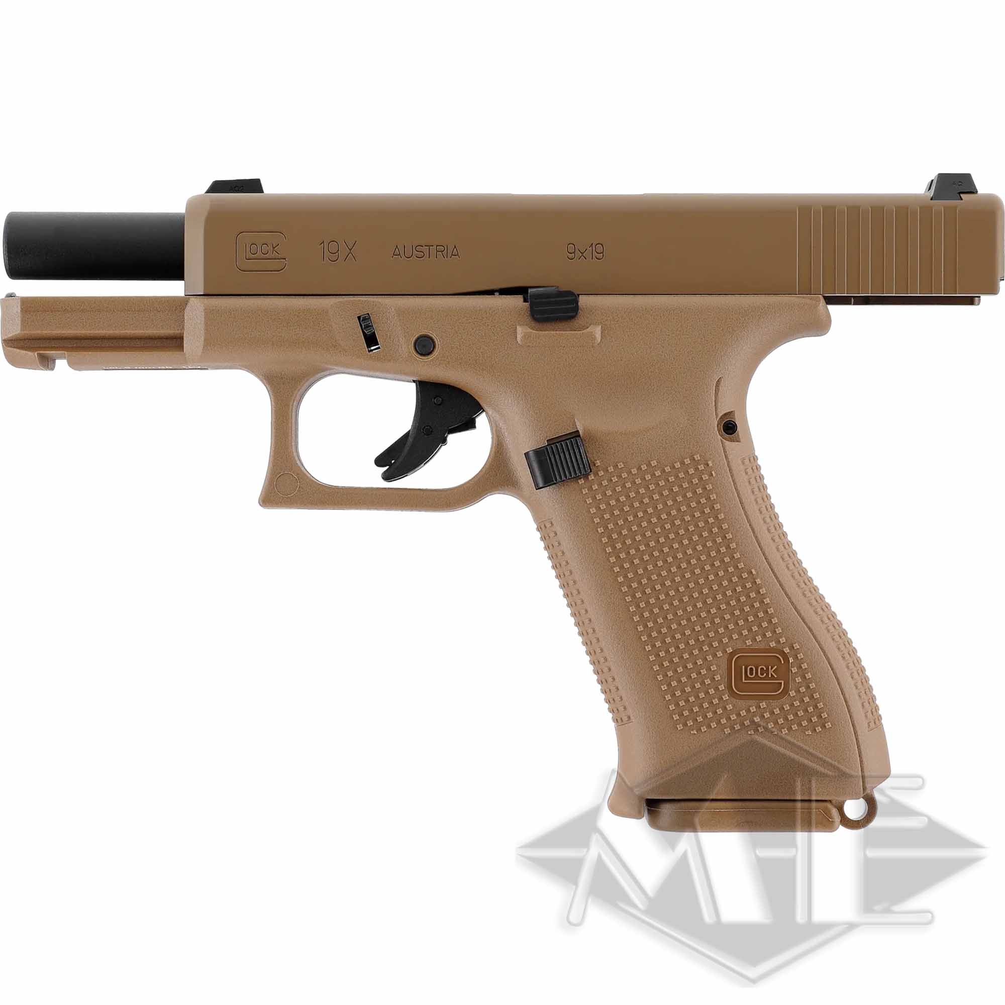 Umarex Airsoft Glock Markierer cal. 6mm "GLOCK 19X" < 1.0 J Gas GBB Coyote Pistole, Coyote-Braun, Strukturierter Griff, Schwarzer Schalldämpfer, 9×19 mm