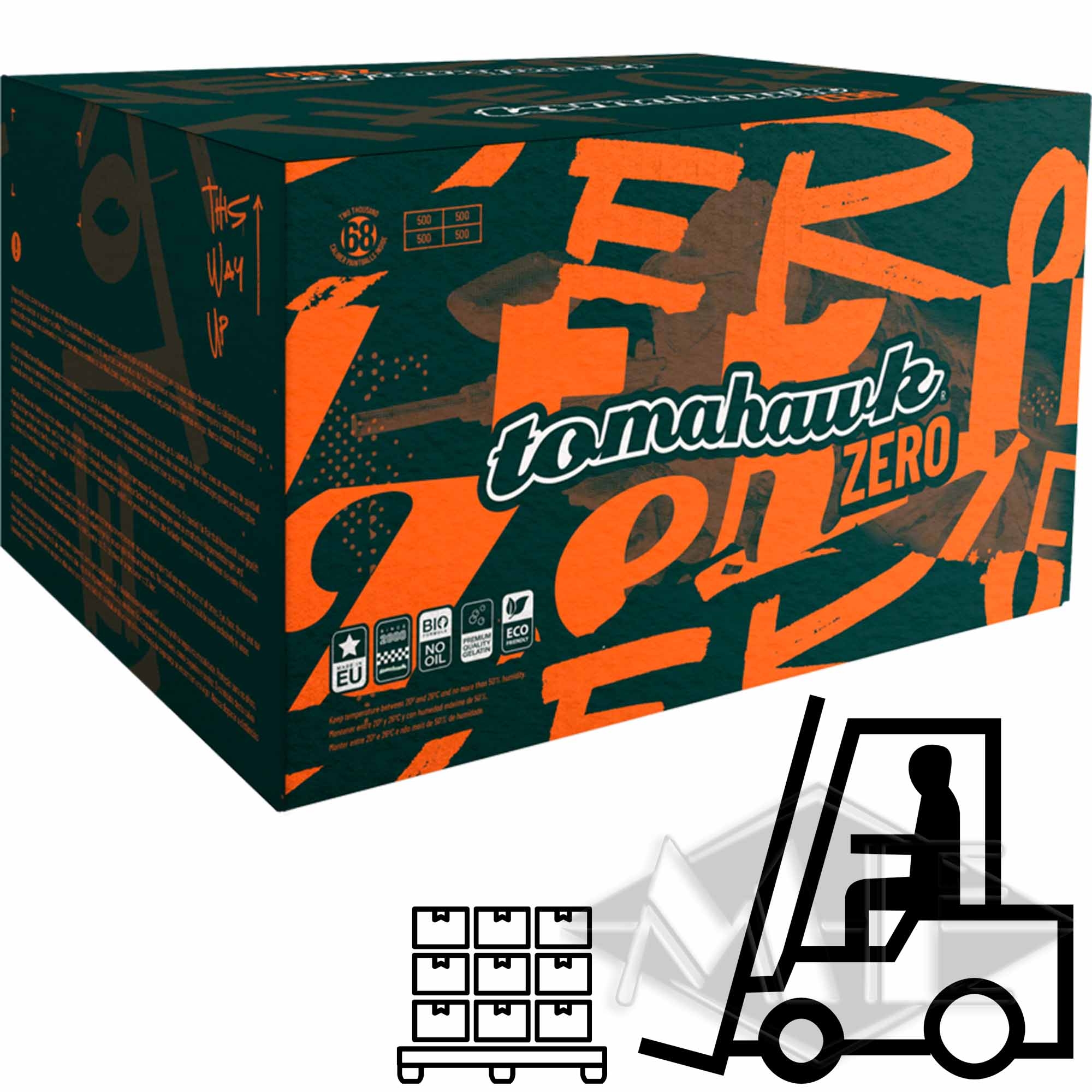 Tomahawk "Zero" Paintballs, 65 Kisten 1/2 Palette Box, Verpackung, Spielzeugbox, Bunte Grafik, Zero