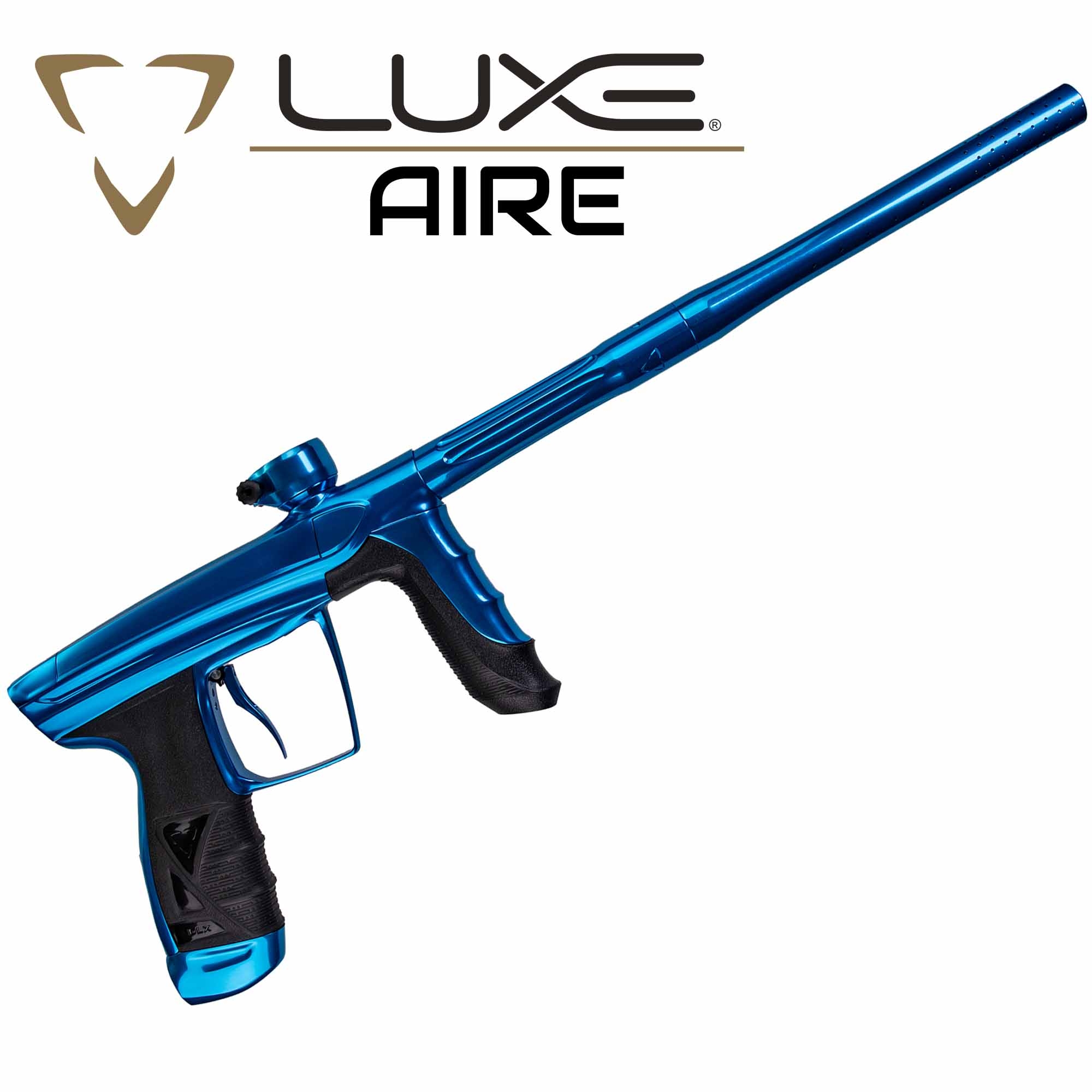 DLX Luxe® AIRE Markierer, blau poliert Paintball-Pistole, blaue Farbe, Griffstück, Langer Lauf, Einstellungsvorrichtung
