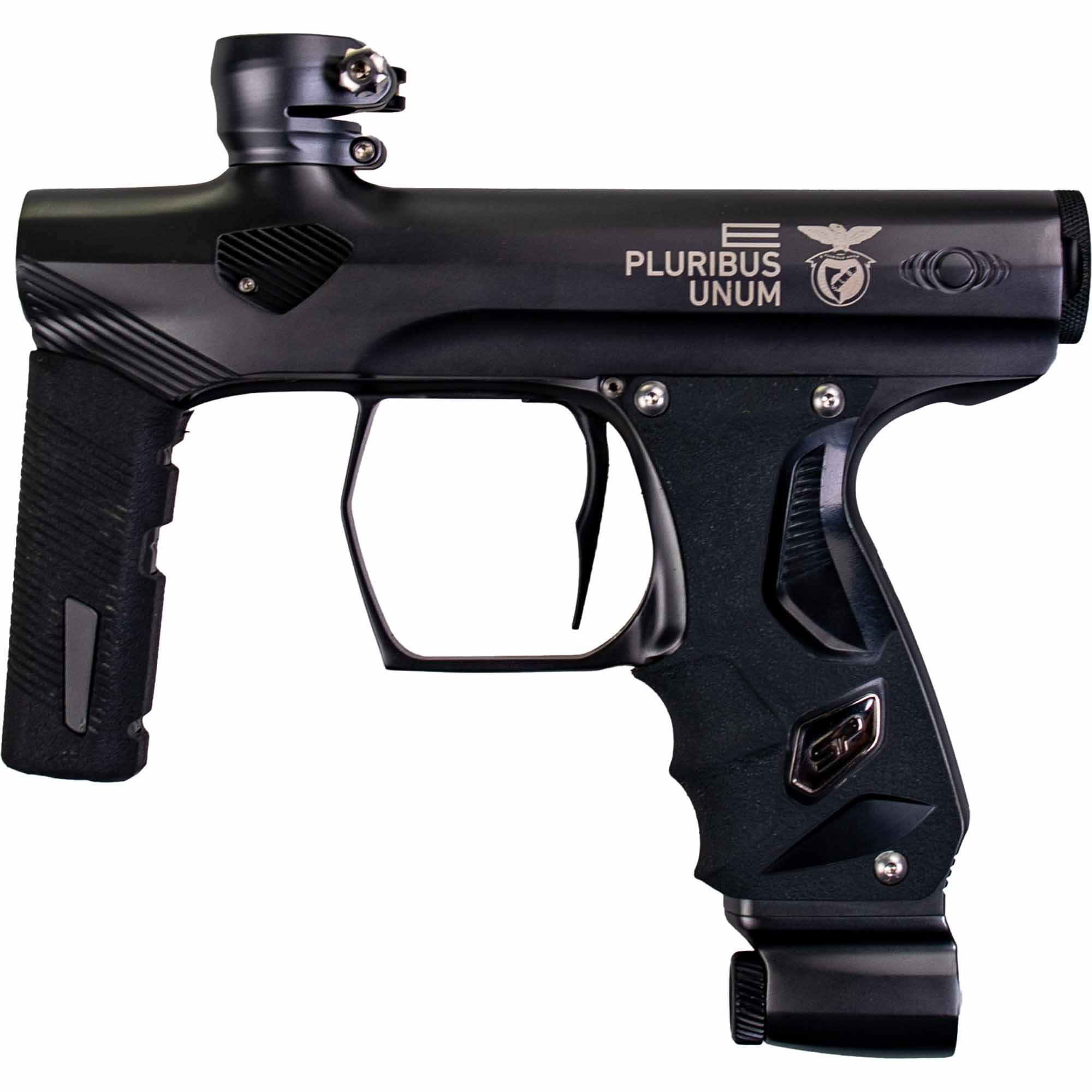 SP Shocker® ERA Markierer "e pluribus unum", grau matt Paintball-Pistole, Griff mit Schiene, Schwarz, Hopper-Aufnahme, Auslöserrahmen