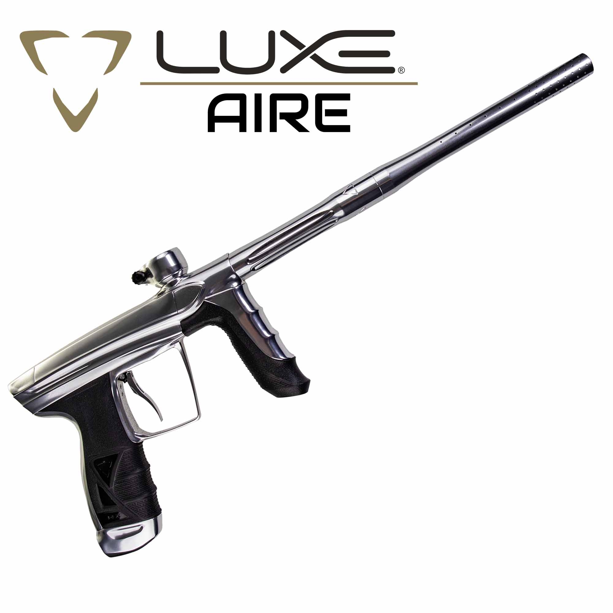 DLX Luxe® AIRE Markierer, weiß poliert Paintball-Markierer, Metallgehäuse, Schwarz-silber, Ergonomischer Griff, Langer Lauf