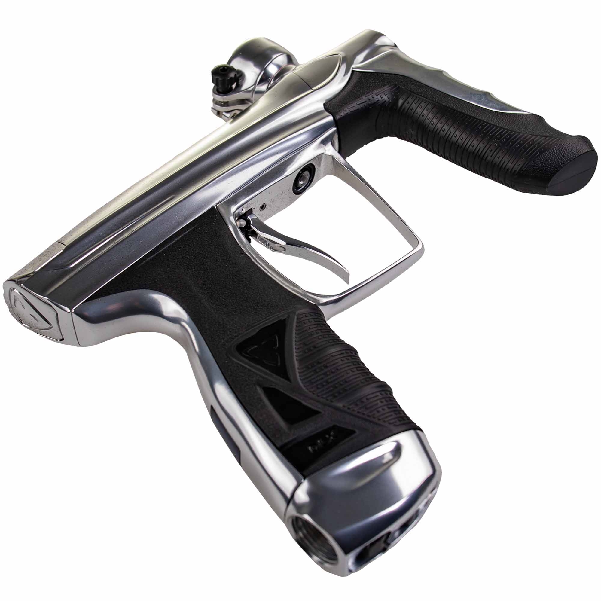 DLX Luxe® AIRE Markierer, weiß poliert Paintball-Markierer, silberfarbenes Metall, schwarzer Griff, Abzug, ergonomischer Griff