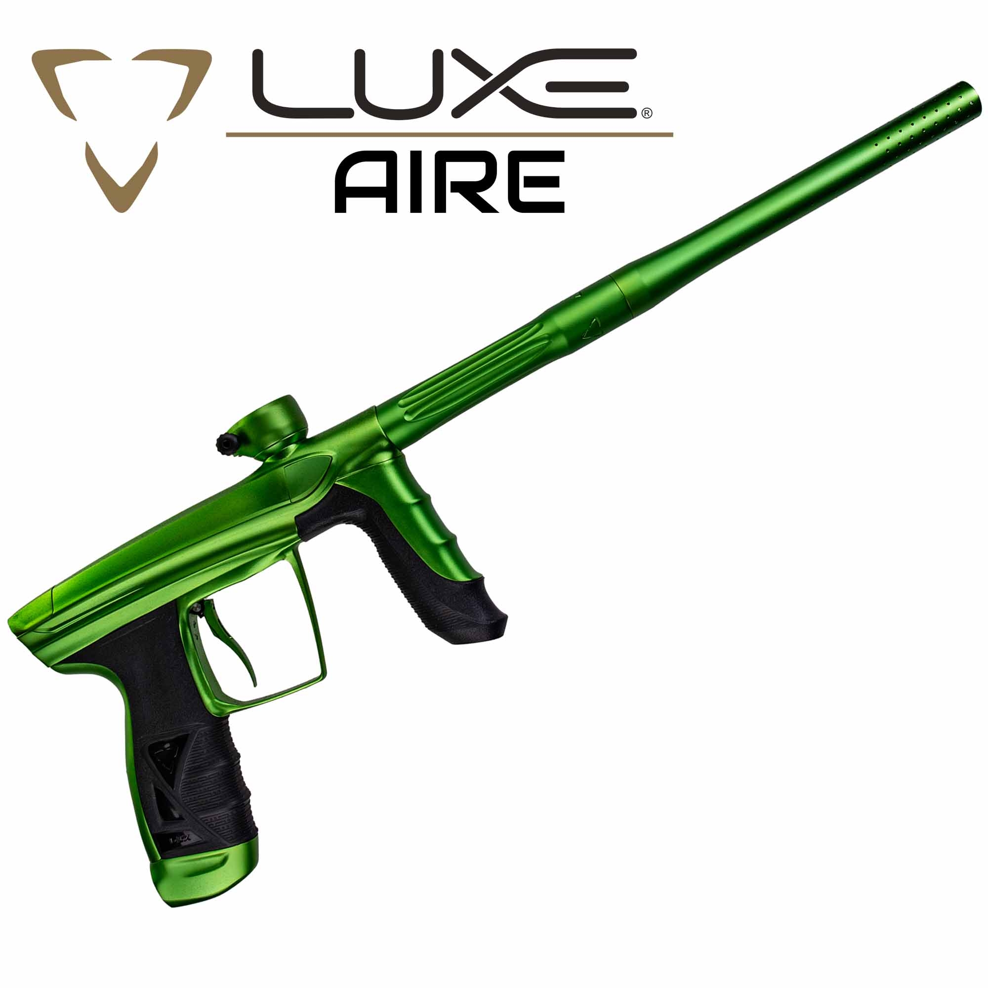 Paintballgewehr, grün, langer Lauf, Pump-Action, schwarzer Griff