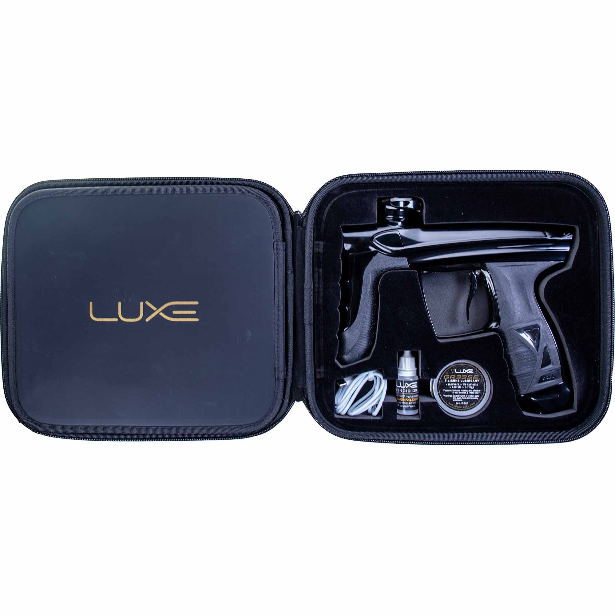 DLX Luxe® AIRE Markierer, schwarz poliert Schuhpflege-Set, Koffer-Case?, Gepolsterte Tasche, Pistolen-Set, Luxe