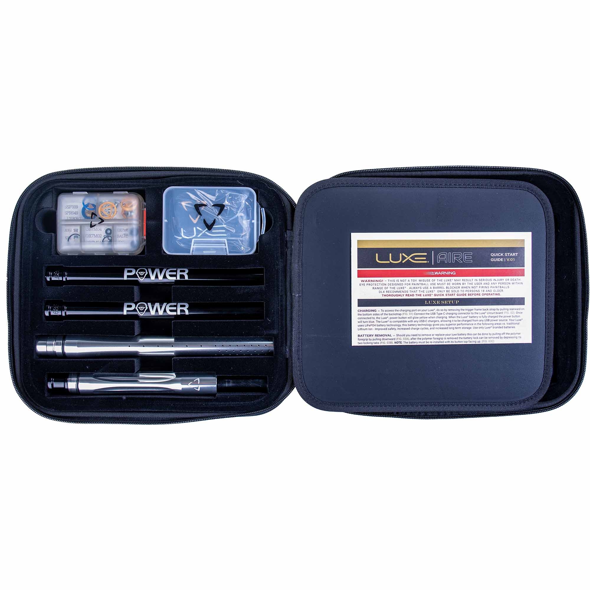 DLX Luxe® AIRE Markierer, weiß poliert Paintball-Markierer, Transportkoffer, Zubehörset, Schwarz, Metallgehäuse