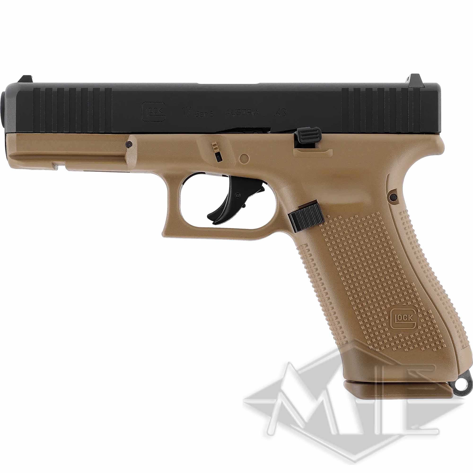 Umarex Glock Markierer cal.43 "GLOCK 17 Gen5 T4E" (French Army) Pistole, Sandfarbenes Griffstück, Schwarzer Verschluss, Strukturierter Griff, Glock 17 Gen5
