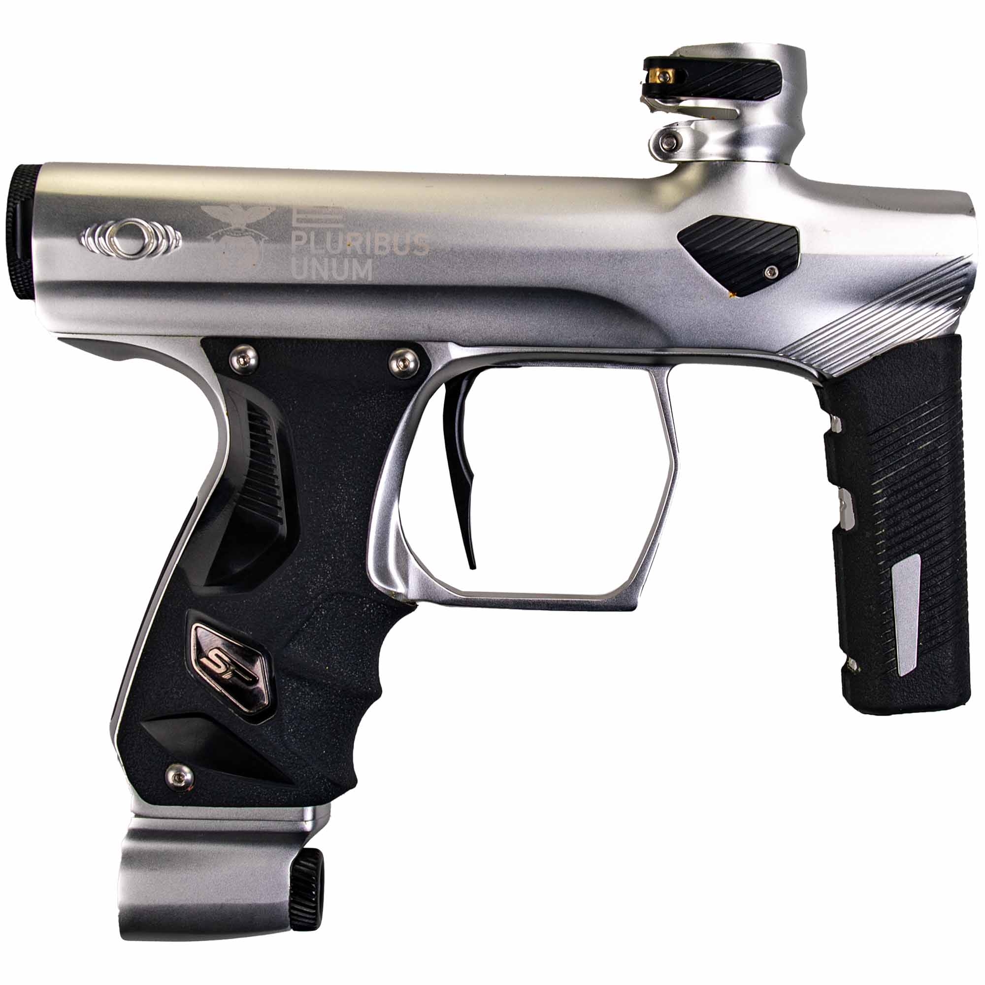 SP Shocker® ERA Markierer "e pluribus unum", weiss matt paintball gun, gas-powered, silver-black, pistol grip, airgun accessory?