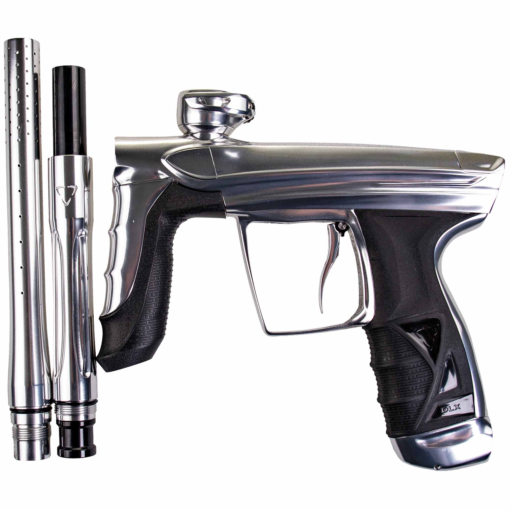 DLX Luxe® AIRE Markierer, weiß poliert Paintball-Markierer, Chromfinish, schwarzer Griff, perforierter Lauf, abnehmbarer Lauf