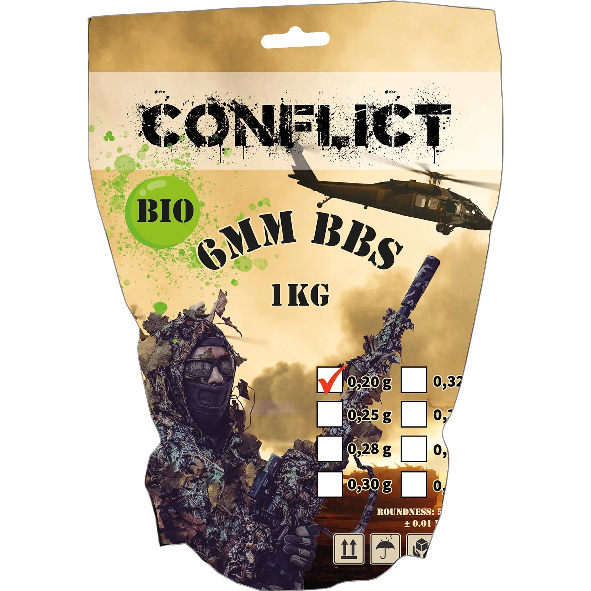 CONFLICT BIO BBs 6mm 0,20g 1kg Beutel Hubschrauber, Transport, Fahrzeug, Werbung, Plakat