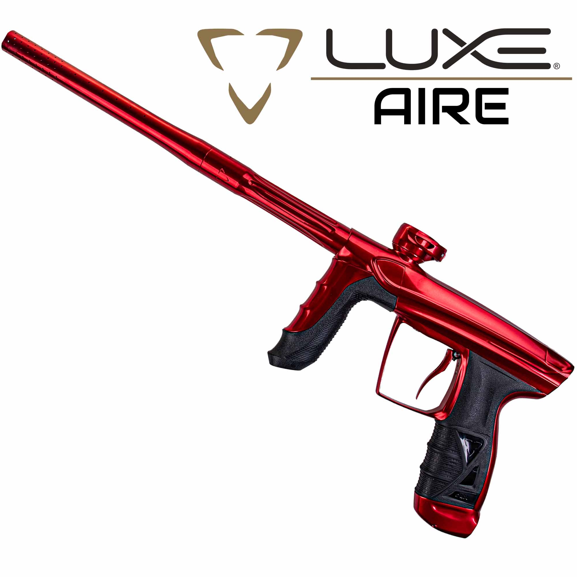 Paintball-Marker, Roter Paintball-Gewehr, Pistolengriff, langer Lauf, metallisch roter