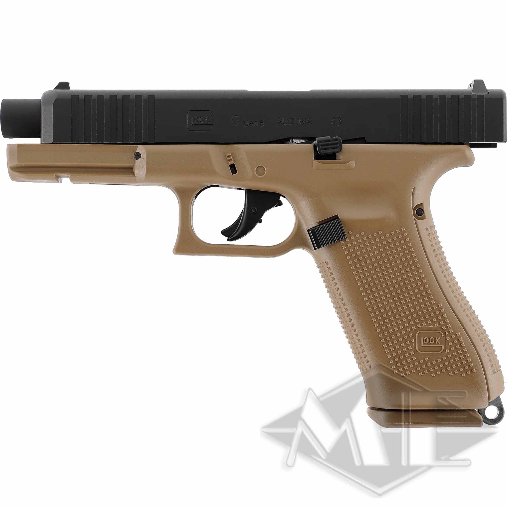 Umarex Glock Markierer cal.43 "GLOCK 17 Gen5 T4E" (French Army) Pistole, Glock 17 Gen5, schwarzer Verschluss, sandfarbenes Griffstück, Polymerrahmen