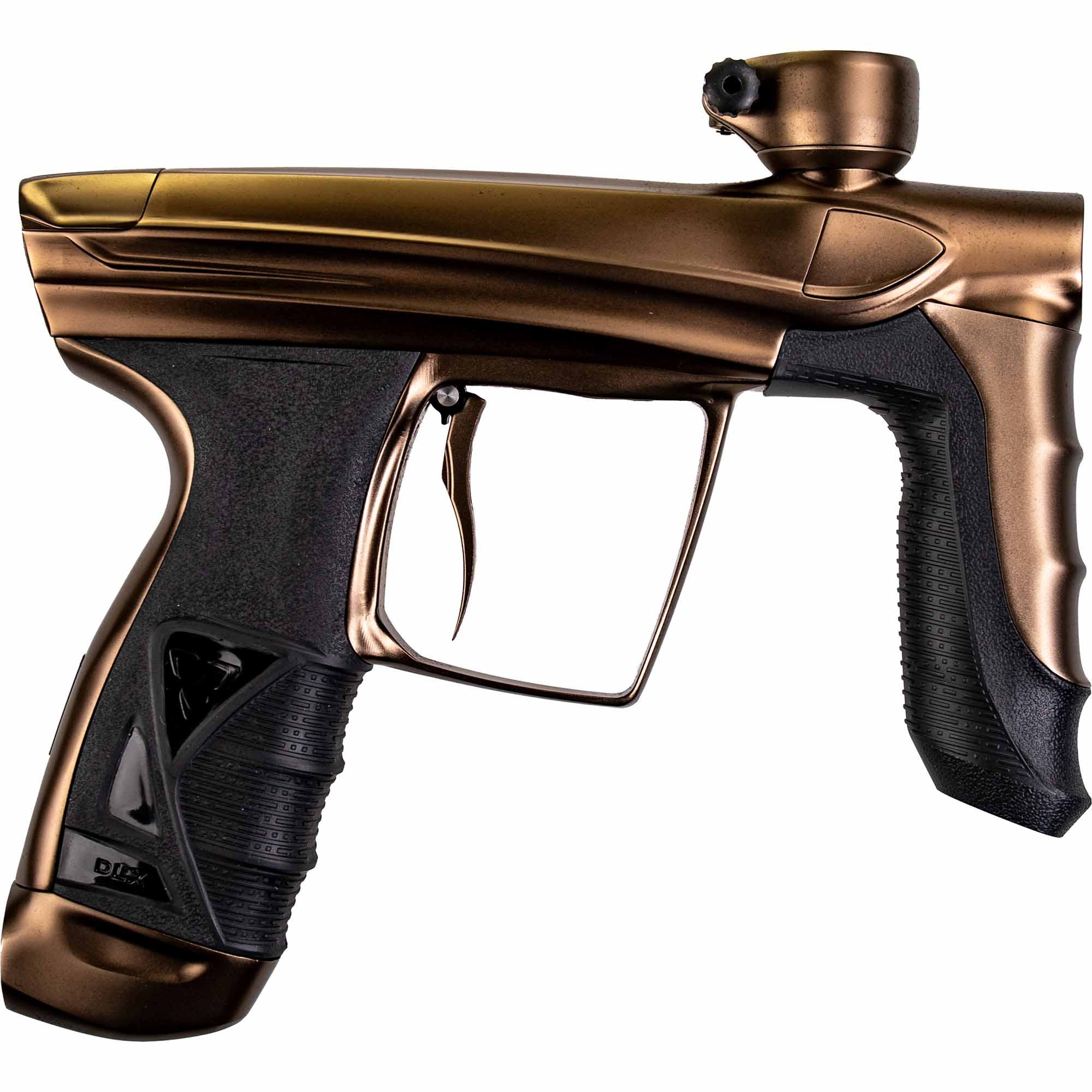 paintball-gun, bronze, black-accents, grip-texture, trigger-pistol