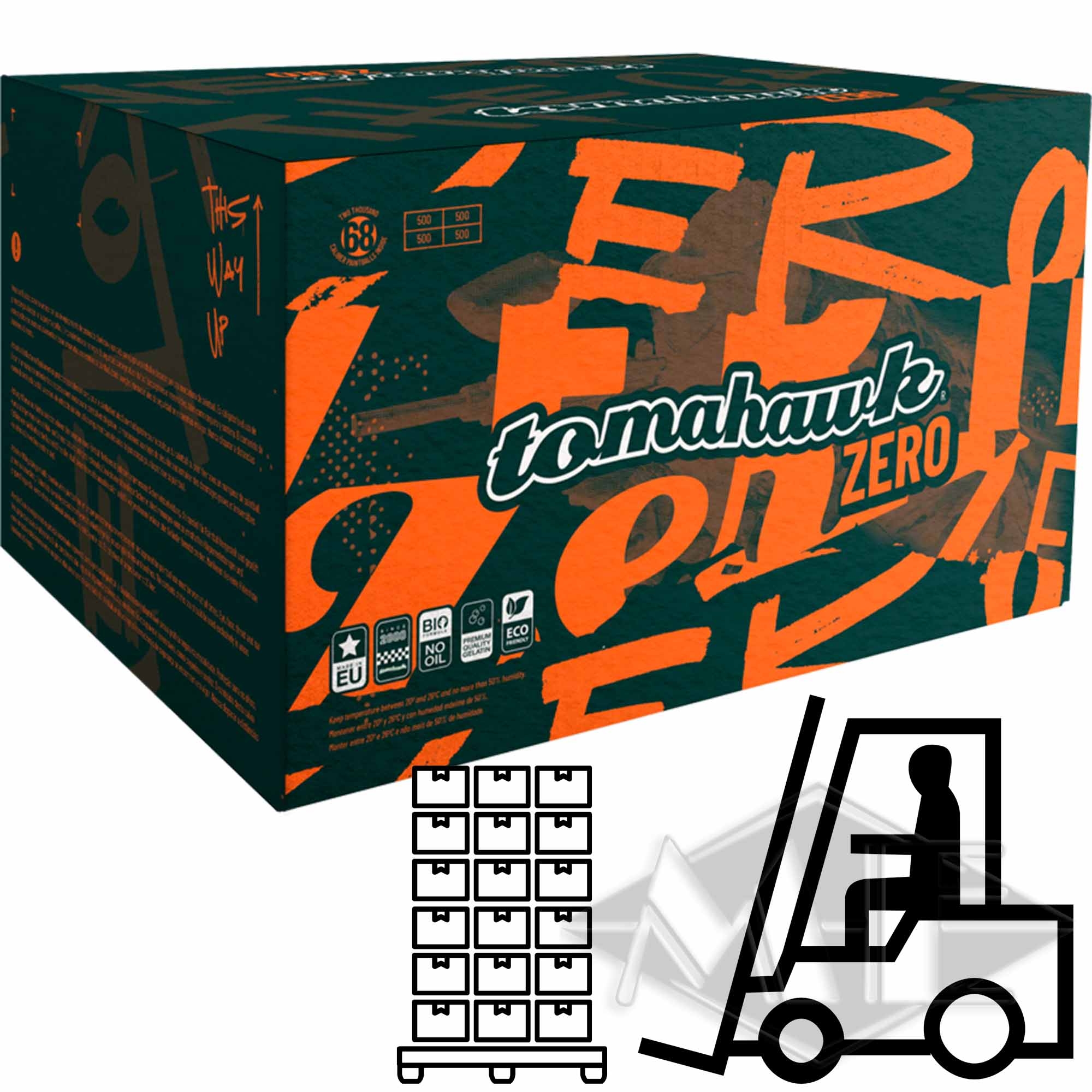 Tomahawk "Zero" Paintballs, 130 Kisten 1/1 Palette Boxed beverage, Tomahawk Zero, Orange teal design, Packaging box, Carton label