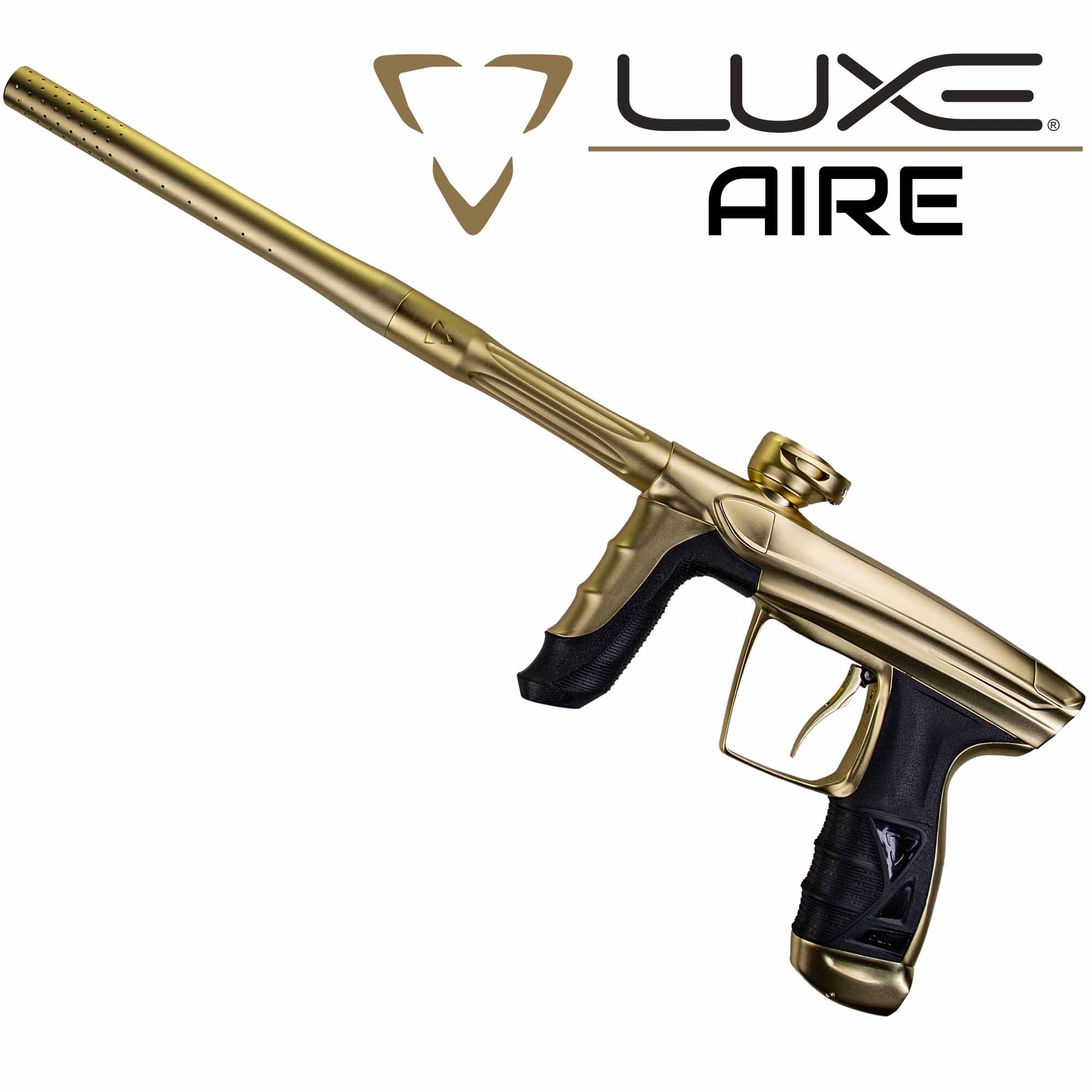 DLX Luxe® AIRE Markierer, gold matt Paintballgewehr, Goldfarbe, Pumpenaktion, Langer Lauf, Griffhand, paintball gun, gold color, pistol grip, barrel, air gun