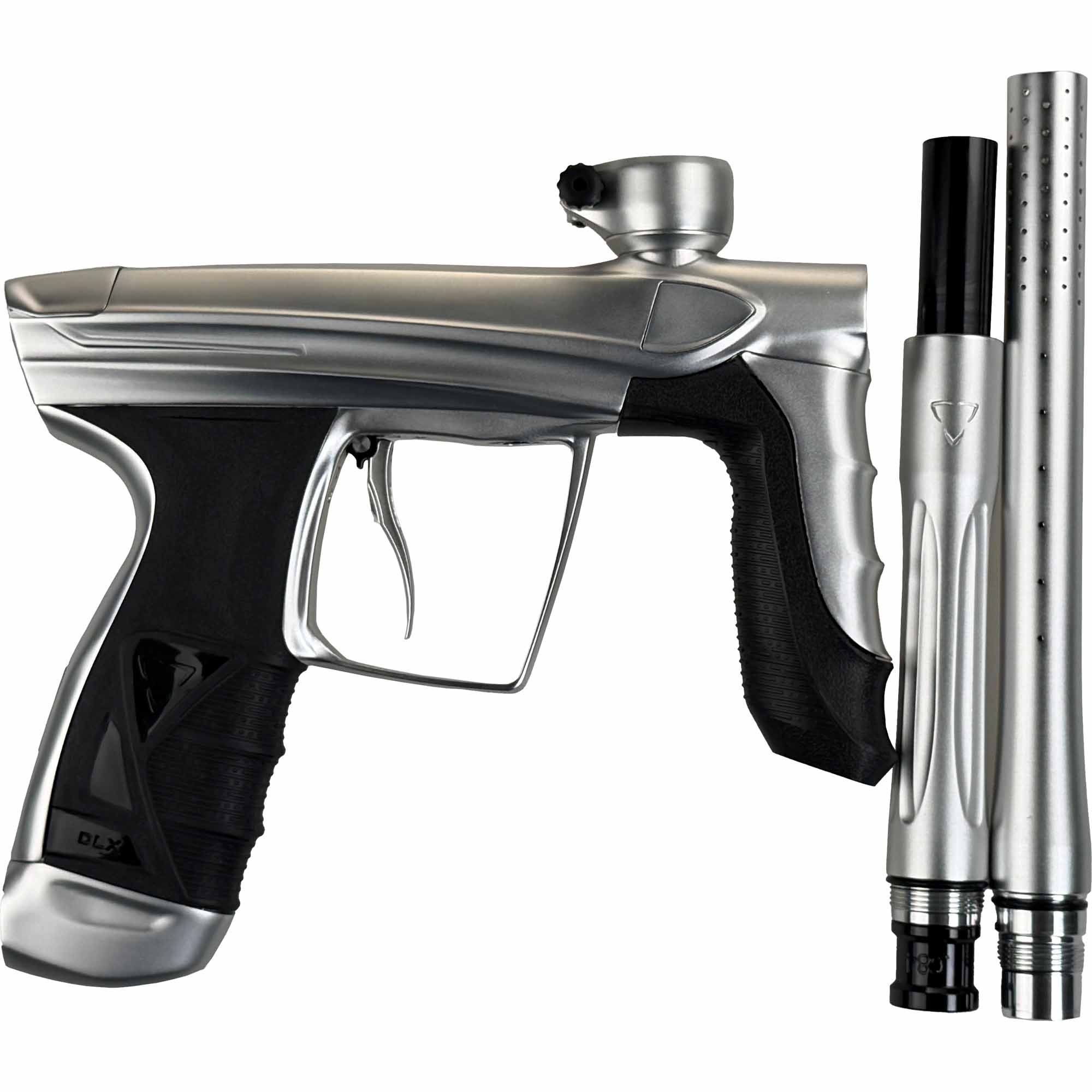 DLX Luxe® AIRE Markierer, weiß matt Paintball-Pistole, Silberner Griff, Auslöser-Griff, Barrel-Anbau, Gasbetrieben