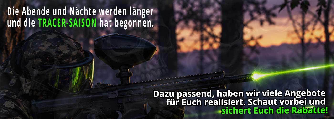2026_Angebote_Tracer_Saison_DE Paintball-Markierer, Schutzmaske, Camouflage, Laserzielgerät, schwarze Ausrüstung