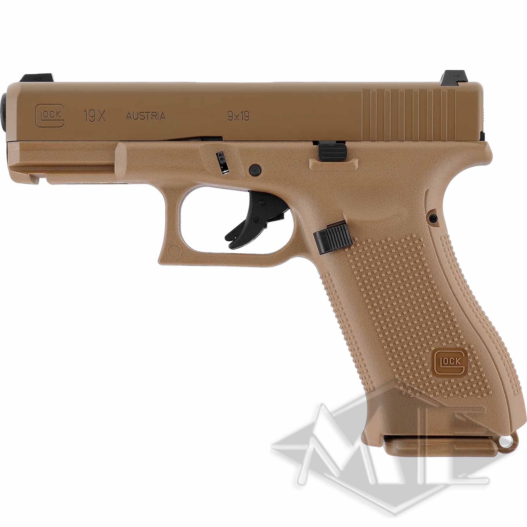 Umarex Airsoft Glock Markierer cal. 6mm "GLOCK 19X" < 1.0 J GBB Coyote Pistole, Glock 19X, Coyote-Braun, 9×19 mm, Polymergriff